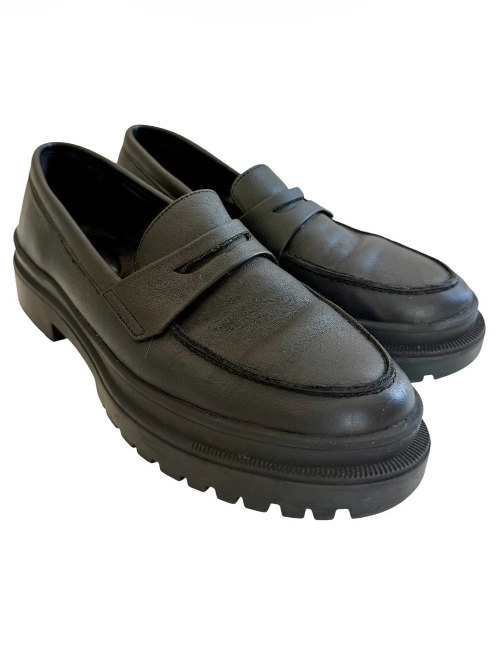Patina Portland Leather Black Penny Loafers Platform Lug Sole Chunky Size 10